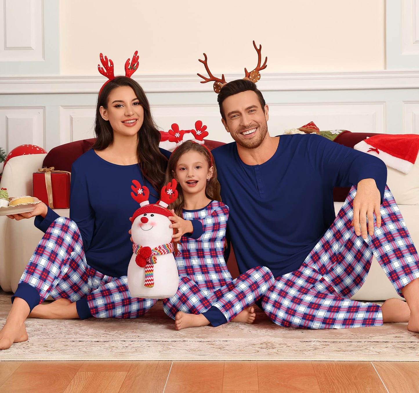 SWOMOG Couple Matching Pajamas Set Christmas Pajamas Long Sleeve Button Down Pj Set Festival Party Xmas Sleepwear Women Navy Blue Plaid Small