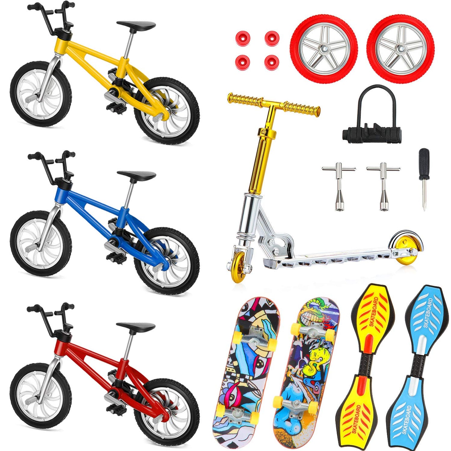 18 Pieces Mini Finger Toys Set Finger Skateboards Finger Bikes Scooter Tiny Swing Board Fingertip Movement Party Favors Wheels and Tools