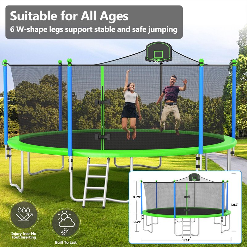 Lyromix Upgraded 16FT Trampoline with Lights, Large Outdoor Trampoline with Sprinkler,Basketball Hoop and Net, Capacity for 5-8 Kids and Adults, Teal Blue
