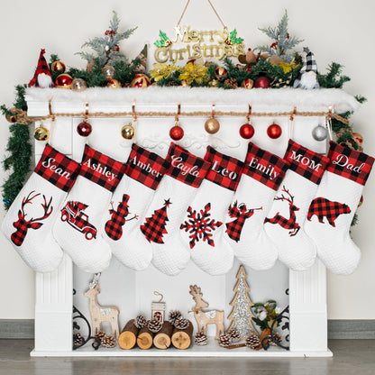 LUBOT Pack Personalized Christmas Stocking(20inch) Silhouette Buffalo Red Plaid/Rustic/Farmhouse/Country Fireplace Hanging Xmas Stockings Decorations for Family Holiday Season