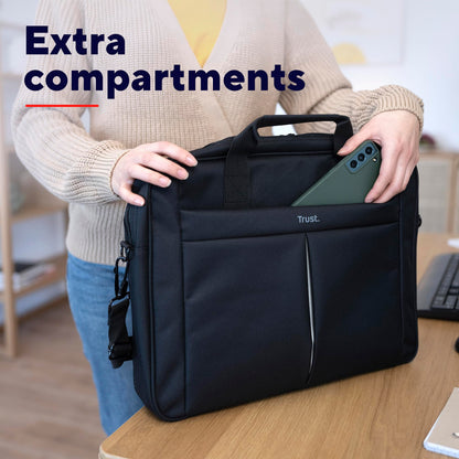 Trust Primo Laptop Bag 16 Inch, Work Bag with Padded Interior, Adjustable Shoulder Strap, Dual Metal Zippers, Messenger Bag for Business, Notebooks, Macbook - Black