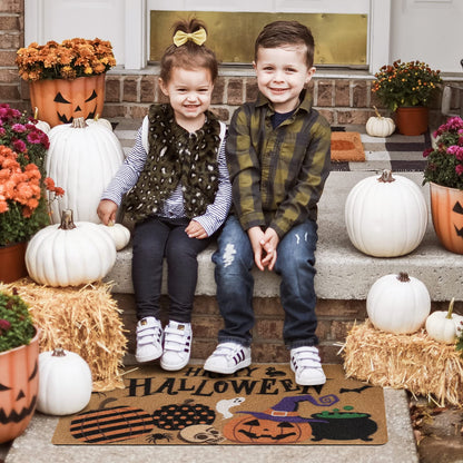Happy Halloween Jack O'Lantern Doormat Spooky Indoor Outdoor Home Front Porch Rugs Witches Hat Brewing Carpet Gift Fall October Entrance Ornament Supplies 17 x 30 Inches