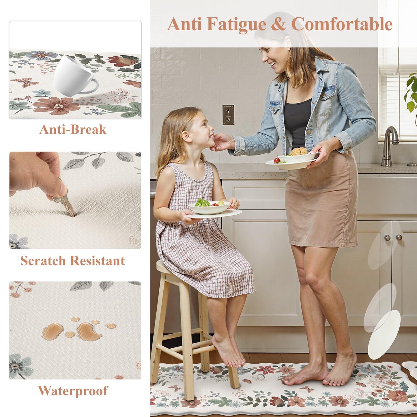 Collive Kitchen Mats Cushioned Anti Fatigue, Scalloped Waterproof Kitchen Floor Mat Beige Sink Rug 2 Piece Non Slip, Comfort Desk Standing Rugs for Bedroom, Office, Laundry