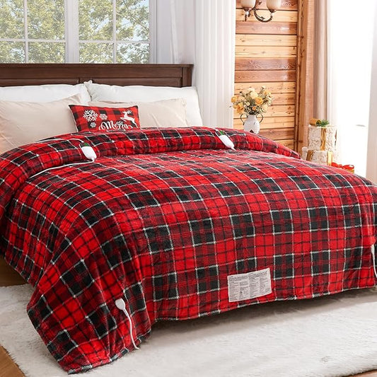 Electric Heated Blanket King Size, 90X100 Christmas Blanket with Dual Control&10 Heats Levels&Timer for Bed,Large Red Plaid Soft Sherpa Heating Blankets Warmer Gifts for Grandma Women Adults