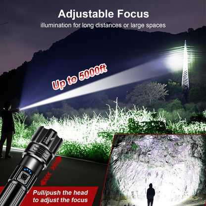 Shadowhawk Rechargeable Torch, 500000 Lumen Torches LED Super Bright, 5000 mAh Long Lasting, Adjustable Focus, IP67 Waterproof, 5 Modes, Powerful Handheld Flashlight for Power Cuts, Camping, Emergency