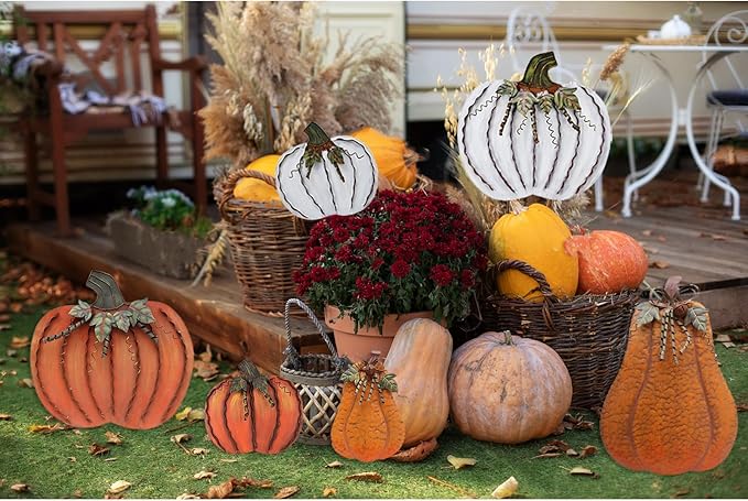 Metal Pumpkin Stakes Yard Signs Fall Decor Decorative Garden Stake Lawn Pumpkins Ornaments Outdoor Autumn Decoration for Harvest Halloween Thanksgiving (17.5" H+26" H White)