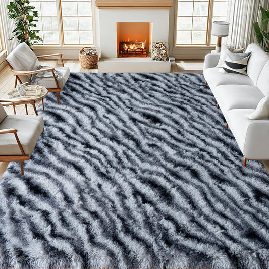 qulint Zebra Rug for Living Room, 8x10 Area Rug for Bedroom Soft Shaggy Animal Large Carpet, Plush Striped Ombre Alfombras for Dorm Room Nursery Classroom Home Decor Aesthetic (8ft x 10ft, Zebra)