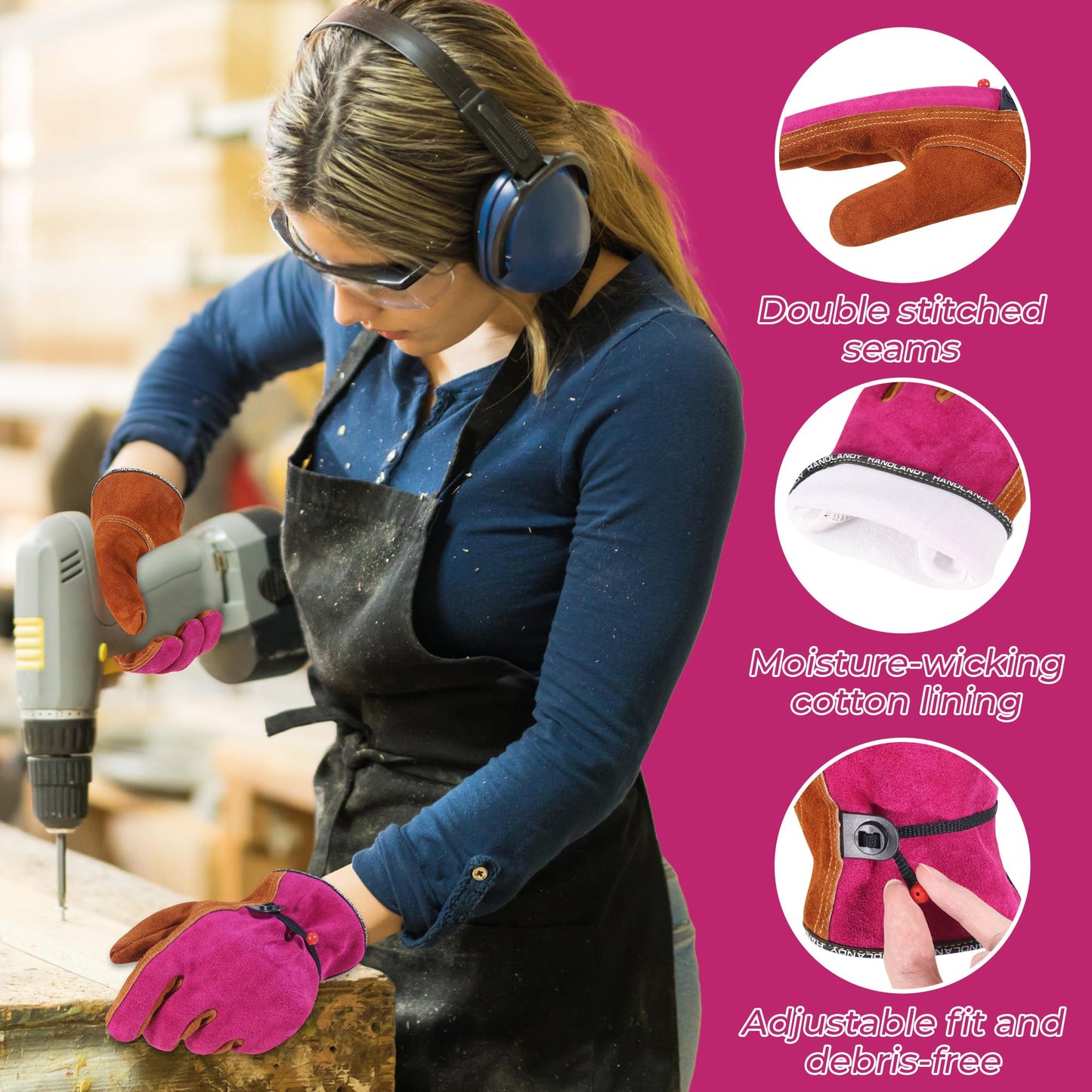 HANDLANDY Leather Work Gloves for Men and Women, Utility Tough Cowhide Glove for Gardening, Wood Cutting, Welding, Construction, Chainsaw, Truck Driving, Yard Working etc. - Camel Pink, Small