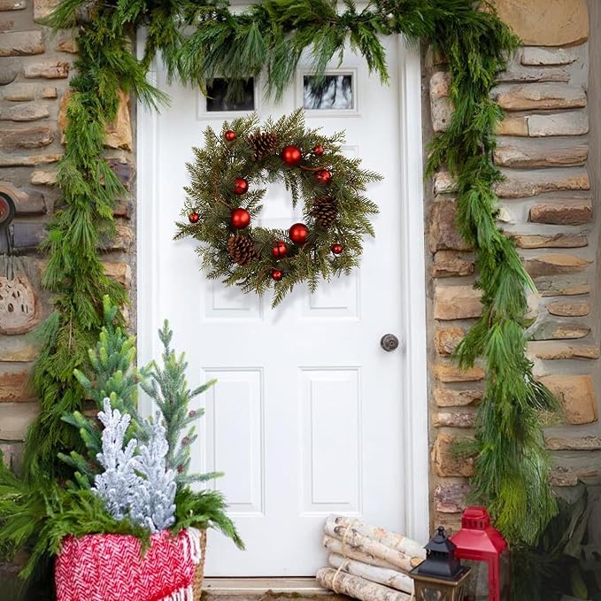 22-Inch Handcrafted Artificial Christmas Wreath with Pinecones, Red Ornaments, and Lifelike Pine Branches Winter Holiday Wreath for Front Door and Home Décor, Indoor/Outdoor Seasonal Décor