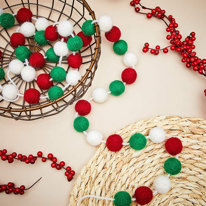 WILLBOND 3 Pieces Wool Felt Rainbow Ball Garland Colorful Pom Pom 6.5 ft Long 24 Ball Garland for Easter Mardi Gras Classroom Halloween Thanksgiving Xmas (Red,White,Green)