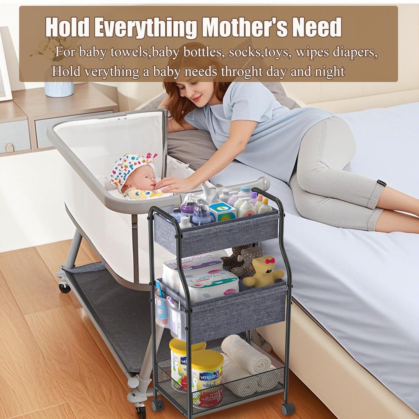 3-Tier Baby Diaper Caddy Organizer and Storage Cart with 4+2 Dividers, Mobile Metal Utility Cart with Rolling Wheels for Nursery Essentials, Large Capacity Rolling Carts for Crib, Bedroom, Bathroom