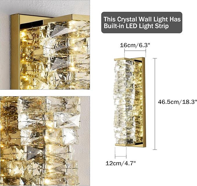 Crystal Wall Sconces Set of 2 Gold Crystal Wall Lighting with LED ‎Adjustable Color Temperature Modern Wall Lights Indoor Beautiful Glass Wall Light for Bedroom Living Room Hallway