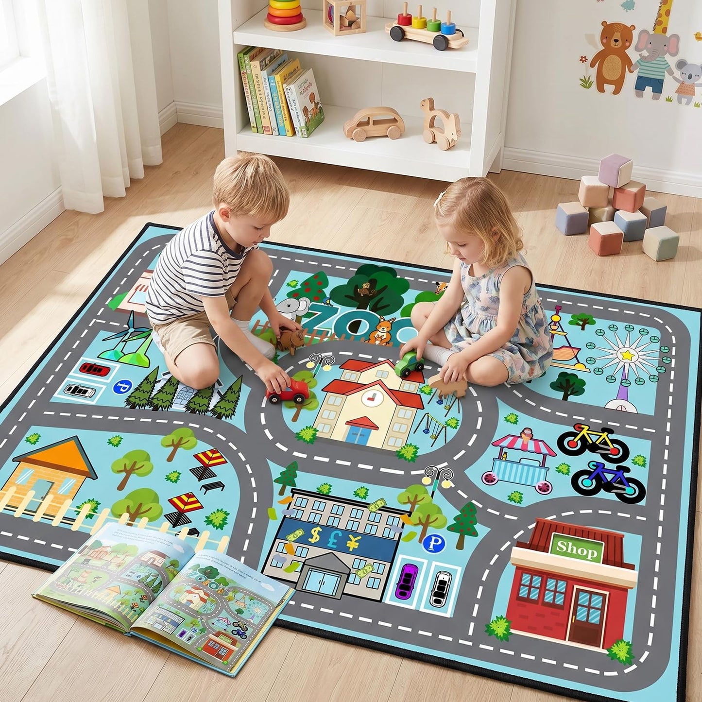 Car Rug Play Mat - Road Rug for Kids Boys Room, Fun Race Track Traffic Road Carpet for Boys Playmat Educational Learn, Car Carpet for Kids Room Decor Playmat Bedroom Playroom, 2.5x4 Feet