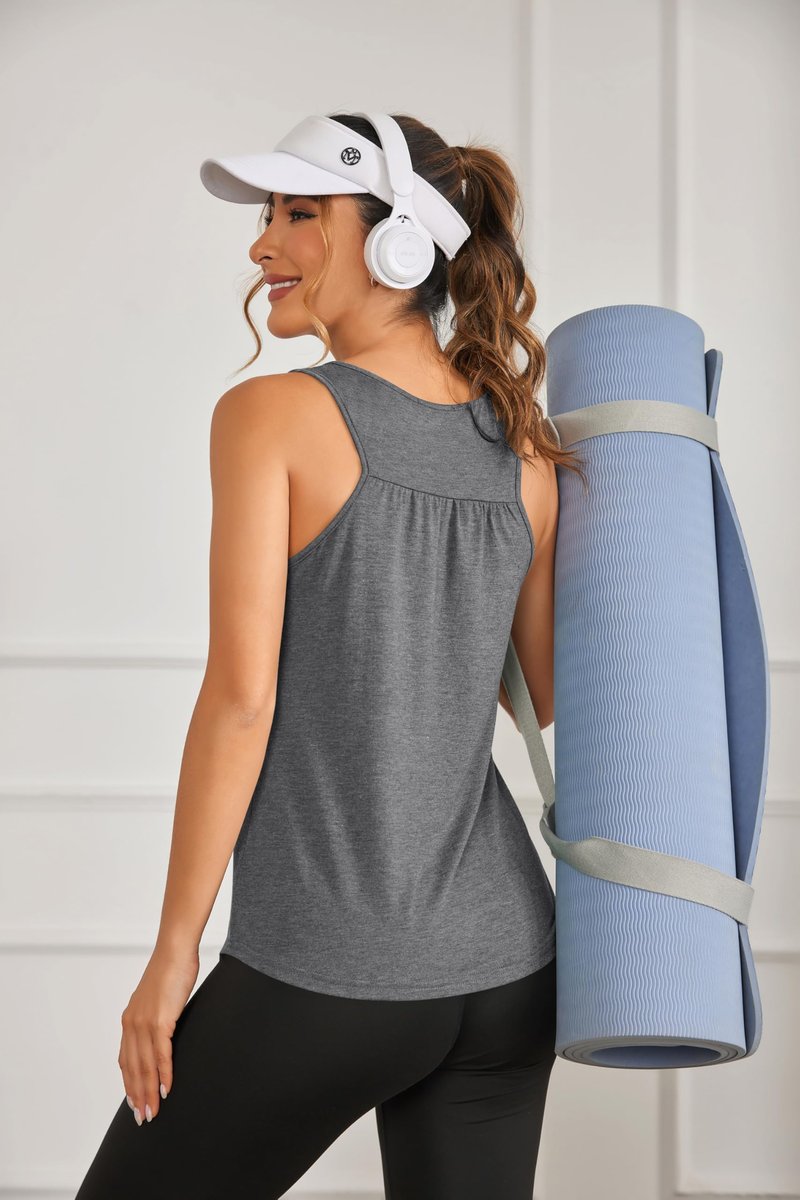 PINSPARK Workout Tops for Women Sleveless Exercise Tops Loose Fit Yoga Tank Top Quick Dry Racer Back Athletic Running Shirts,Fuchsia/Dark Grey M