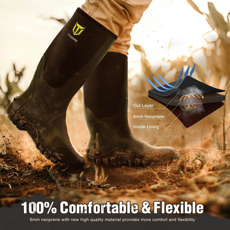 TIDEWE Rubber Boots for Men Multi-Season, Waterproof Rain Boots with Steel Shank, 6mm Neoprene Sturdy Rubber Outdoor Hunting Boots Size 9 (Black)