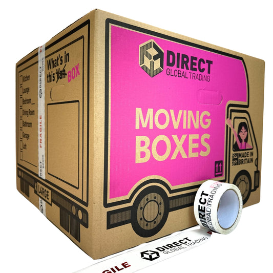 10 Strong Extra Large Cardboard Storage Packing Moving House Boxes with Carry Handles and Room List 66 Metres Fragile Tape 52cm x 52cm x 40cm