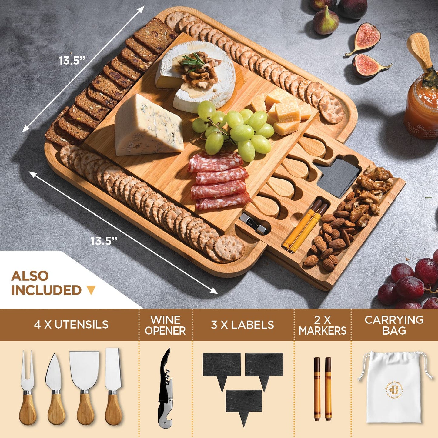 Charcuterie Boards Gift Set by Bambüsi - Large Bamboo Cheese Board for Serving, Entertaining, Cheese Platter for Kitchen, House Warming Gifts New Home, Wedding, Bridal Shower, Birthday Gifts for Women