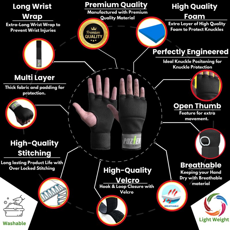 POZTEV Boxing Hand Wraps for Men & Women - Boxing Quick Wraps Inner Gloves Kickboxing Handwraps for Boxing Gloves Gear Knuckle Support Elastic Wrist Straps for Training MMA Shadowboxing Muay Thai