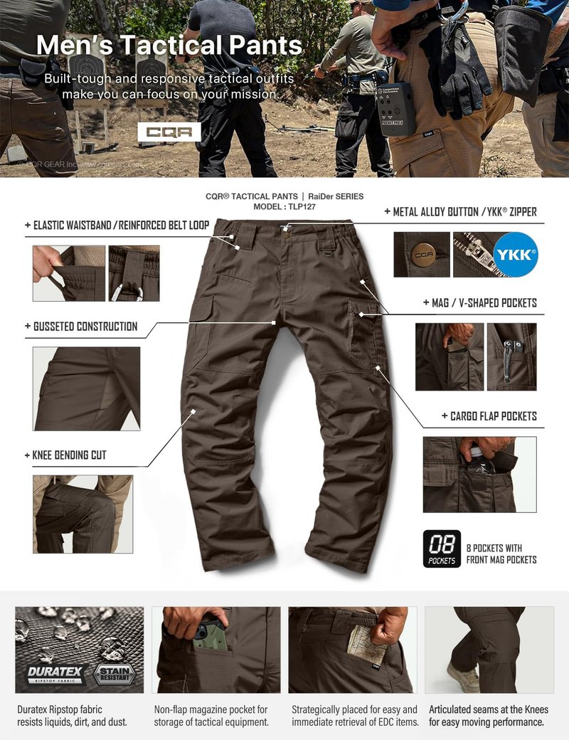 CQR Men's Tactical Pants, Water Resistant Ripstop Cargo Pants, Lightweight EDC Work Hiking Pants, Outdoor Apparel, Raider Mag Pocket Dark Brown, 36W x 32L