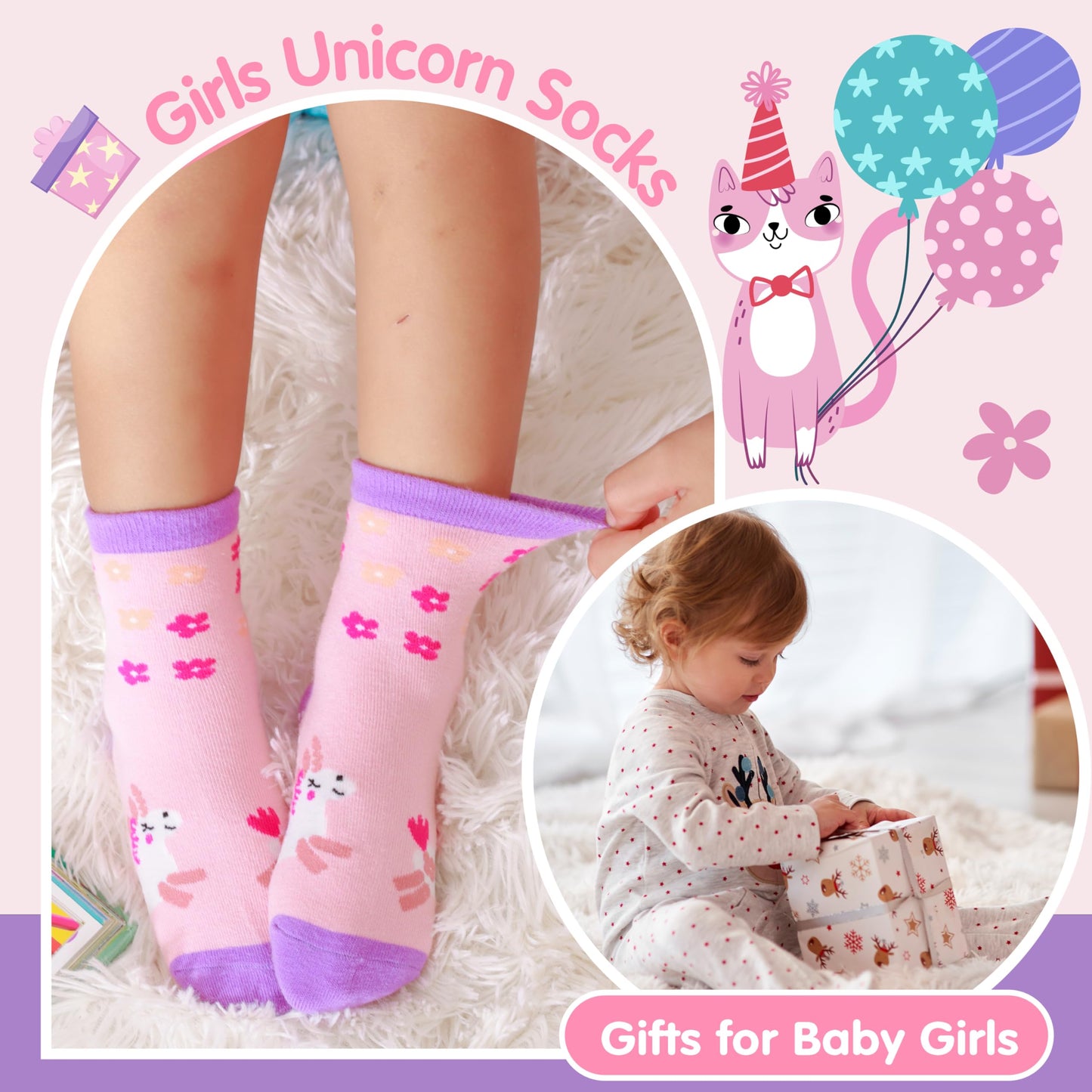 Welwoos Baby Girls Toddlers Grips Socks Non Slip Anti Skid Funny Animal Cartoon Cosy Crew Cotton Gifts Socks 12 Pairs Stocking Fillers(Colorful Flowers,3-5 T)