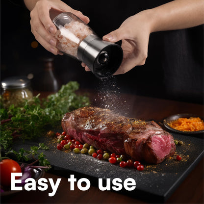 H&S Salt and Pepper Grinder Set - Manual Mill Grinders for Kitchen - Glass and Stainless Steel Spice Mills with Adjustable Coarseness - Easy to Use and Fill - Large Capacity