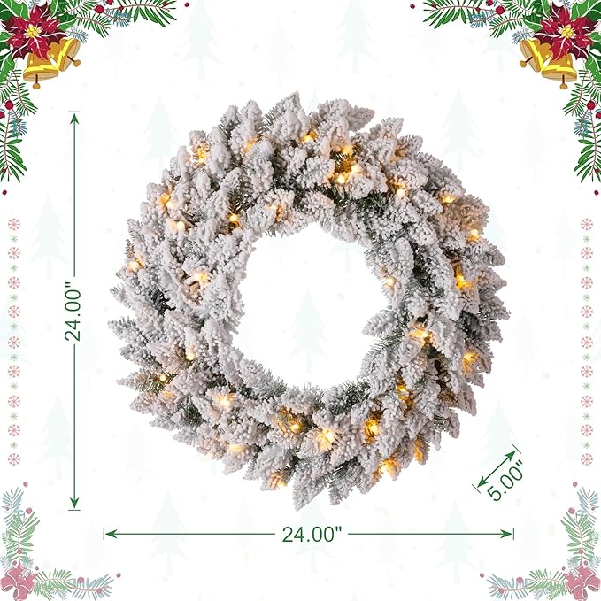 Glitzhome 24" D Pre-Lit Snow Flocked Christmas Wreath with Warm White LED Lights and Timer Artificial Decoration Wreath for Front Door Wall Window Indoor Outdoor Christmas Decorations