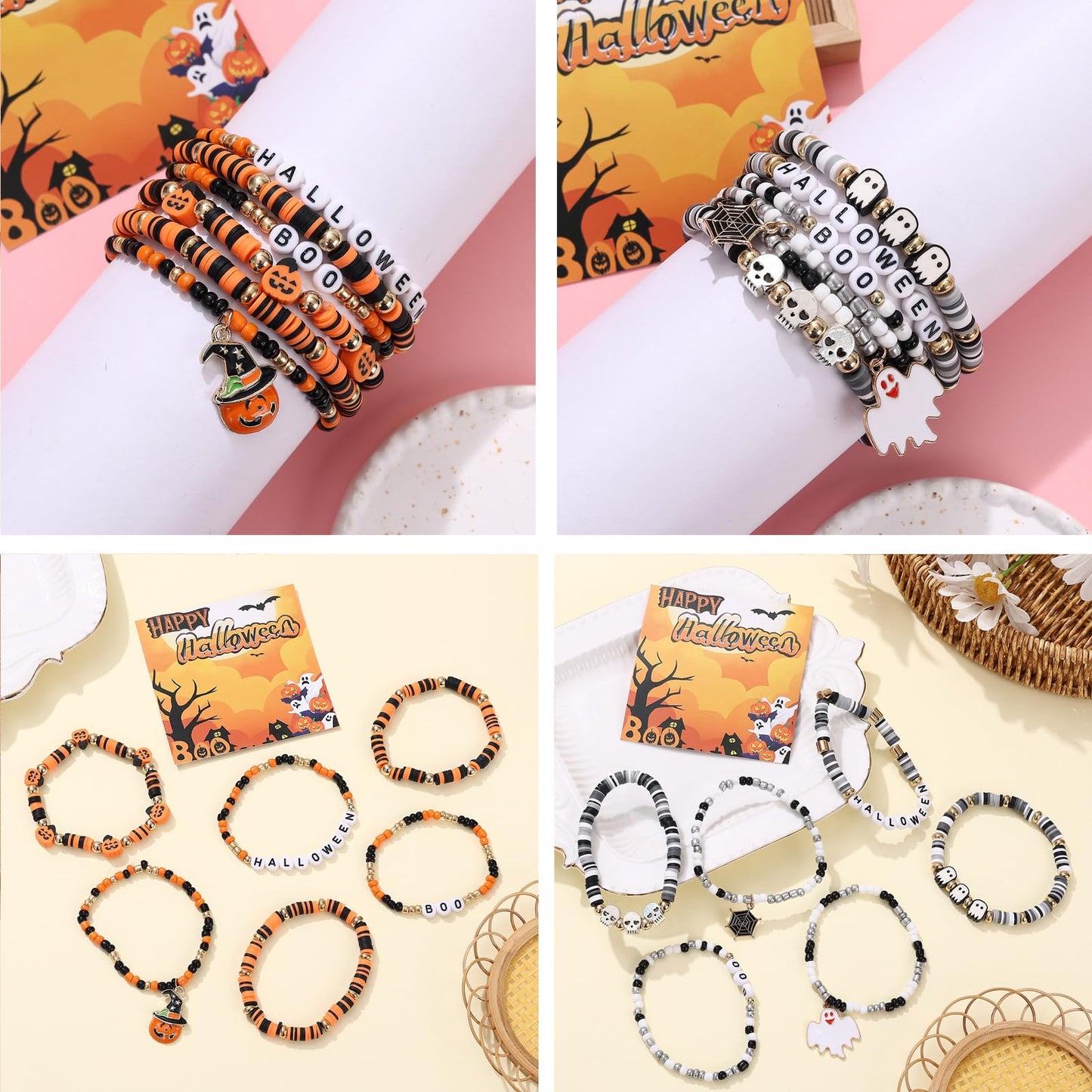 36Pcs Halloween Bracelets for Women Halloween Beads for Bracelets Set Stackable Bracelet Halloween Jewelry Pumpkin Spider Ghost Charms Bracelets BOO Happy Halloween Stretch Bracelets Set Holiday Gift