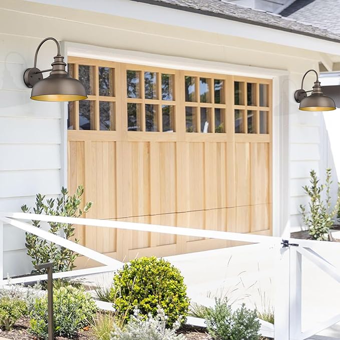 Bestshared Gooseneck Barn Light 14 Inch Dome Farmhouse Wall Mount Light Fixture, Exterior Lighting Fixture,Wall Porch Light for Front Door, Entryway, Patio (ORB+Gold, 14” Dome-1Pack)
