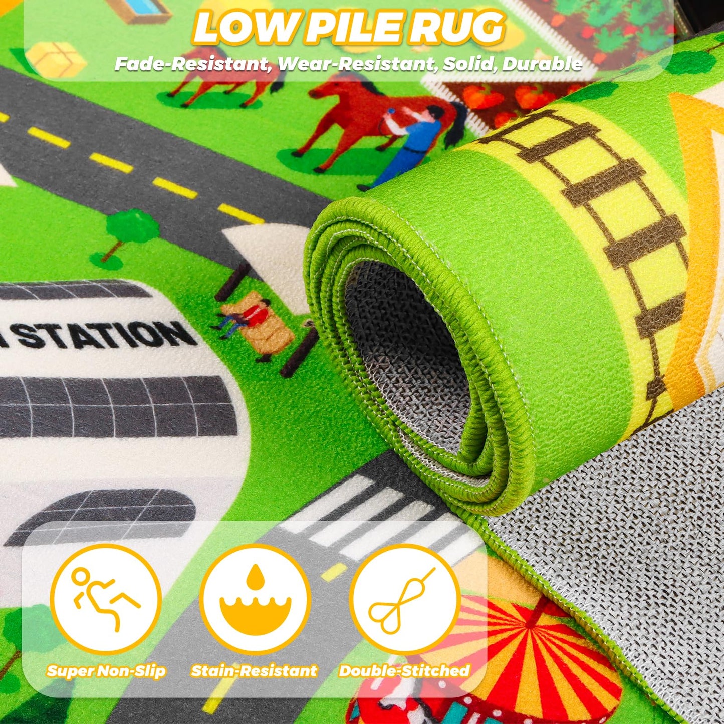 Kids Car Rug Play Mat, Non Slip City Road Carpet for Kids Toy Cars, Car Track Rug Play Mats for Floor, Educational Vehicle Rugs for Playroom Bedroom Kids Room, Machine Washable (60"X36", A)