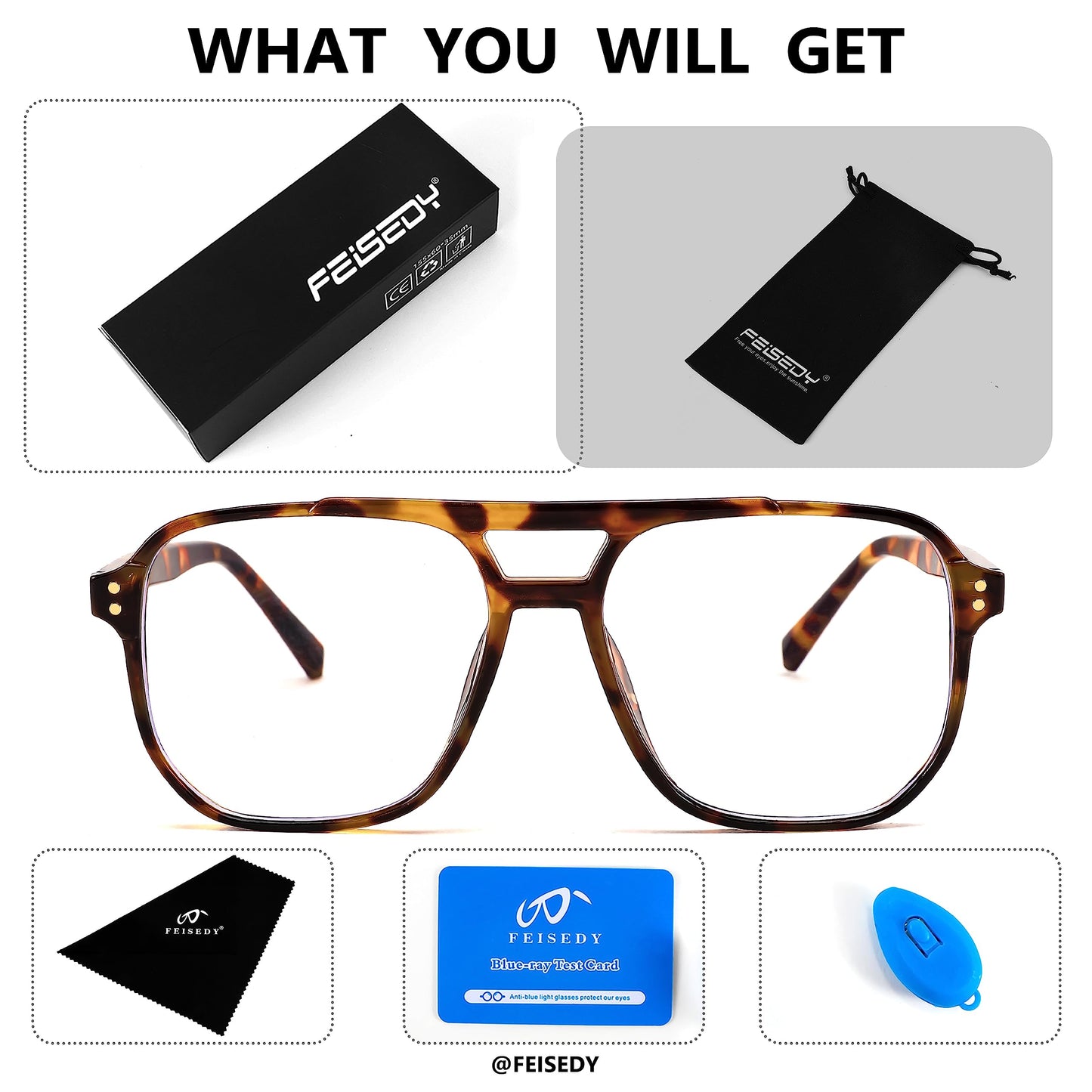 FEISEDY Blue Light Blocking Glasses Fake Nerd Clear Square Computer Lightweight Pilot Glasses Frame Oversized B2866