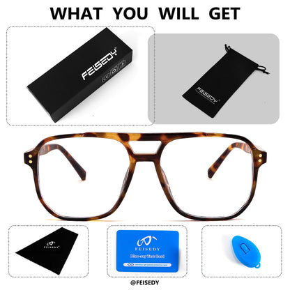 FEISEDY Blue Light Blocking Glasses Fake Nerd Clear Square Computer Lightweight Pilot Glasses Frame Oversized B2866