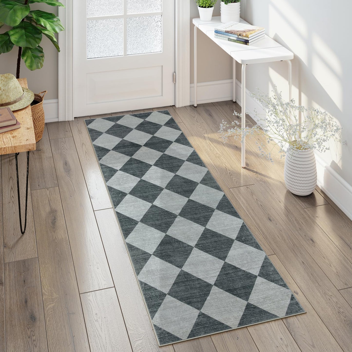 Beeiva Checkered Print Hallway Rug 2x6, Ultra Thin Kitchen Rug Runner Non Slip Washable Carpet Runners for Hallway 6ft, Modern Diamond Stain Resistant Floor Carpet for Bathroom Bedroom Entryway