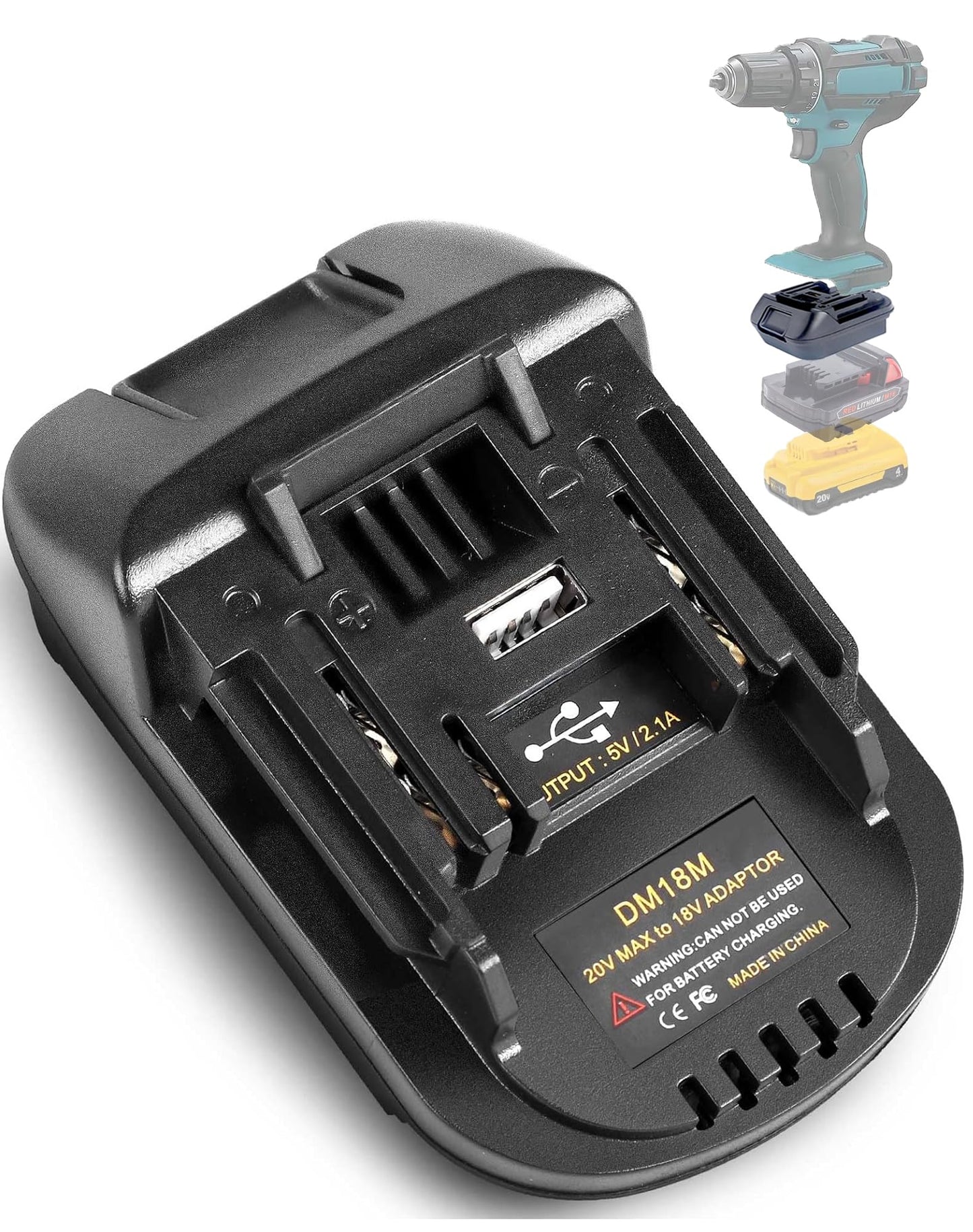 DM18M for Dewalt Battery Adapter for Makita 18V Power Tools, TPDL Convert for Milwaukee 18V or for Dewalt 20V Li-ion Battery to Makita Tool with USB Port