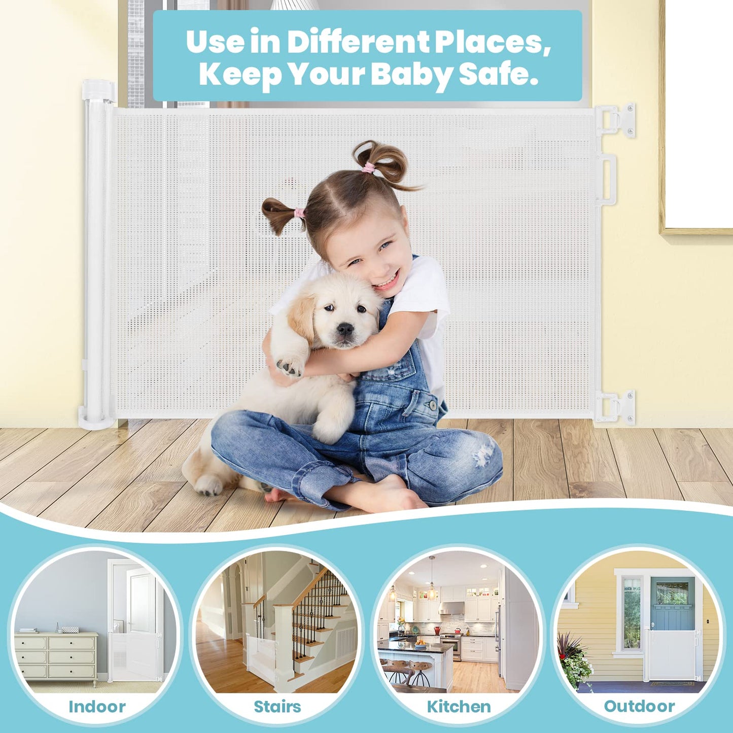 Looxii Retractable Stair Gate, Stair Safety Gate for Baby and Pet, Extends up to 71" Wide 33" Tall Dog Gate, Baby Gate for Stairs, Doorways, Hallways, Indoor and Outdoor 0-180 cm