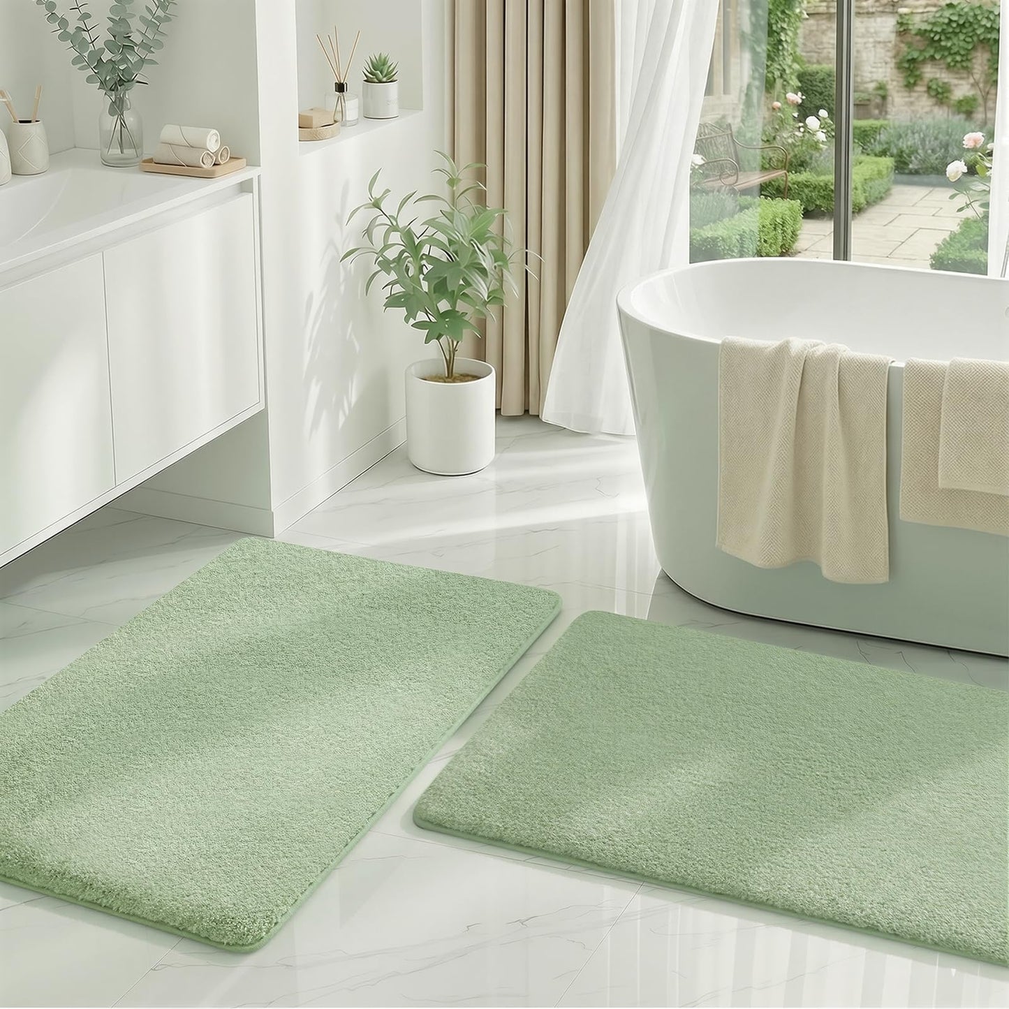 MINIDEAR Bathroom Rugs Sets 2 Piece - Thick Memory Foam Bath Mat, Ultra Soft, Plush Fluffy, Non-Slip, Quick Dry, Absorbent Washable Mat for Tub, Home Decor (32x20 & 36x24 Inch, Sage Green)