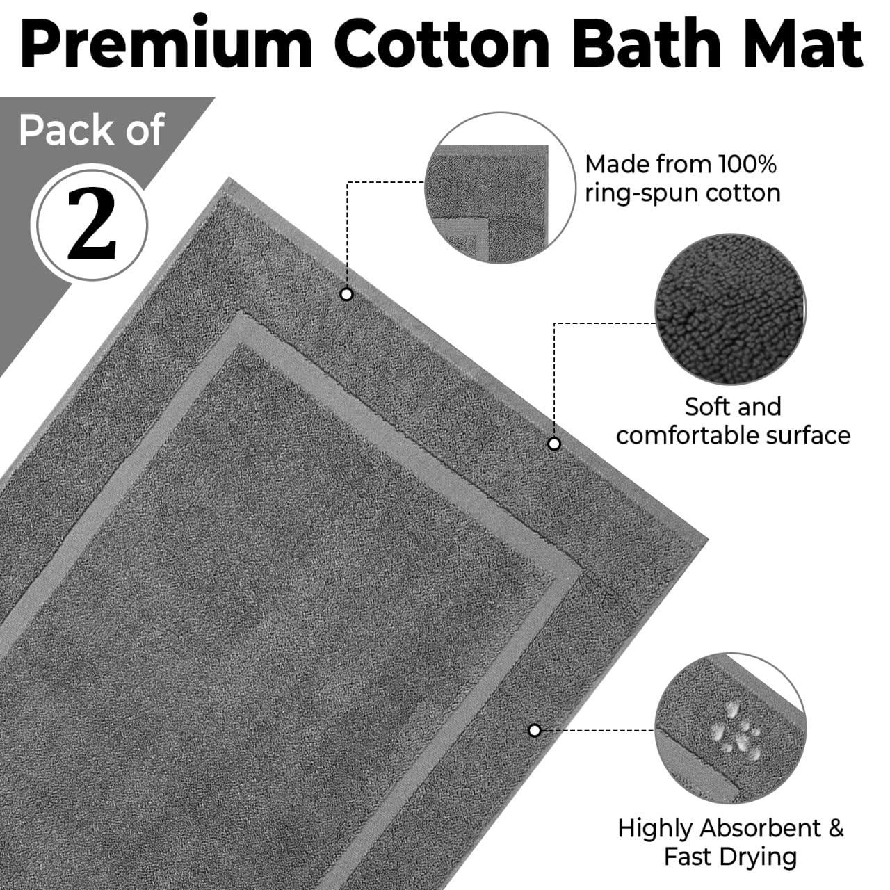 KAHAF COLLECTION Bath Mat Floor Towel Set - Absorbent Cotton Hotel Spa Shower/Bathtub Mats [Not a Bathroom Rug] 22"x34" Pack of 2