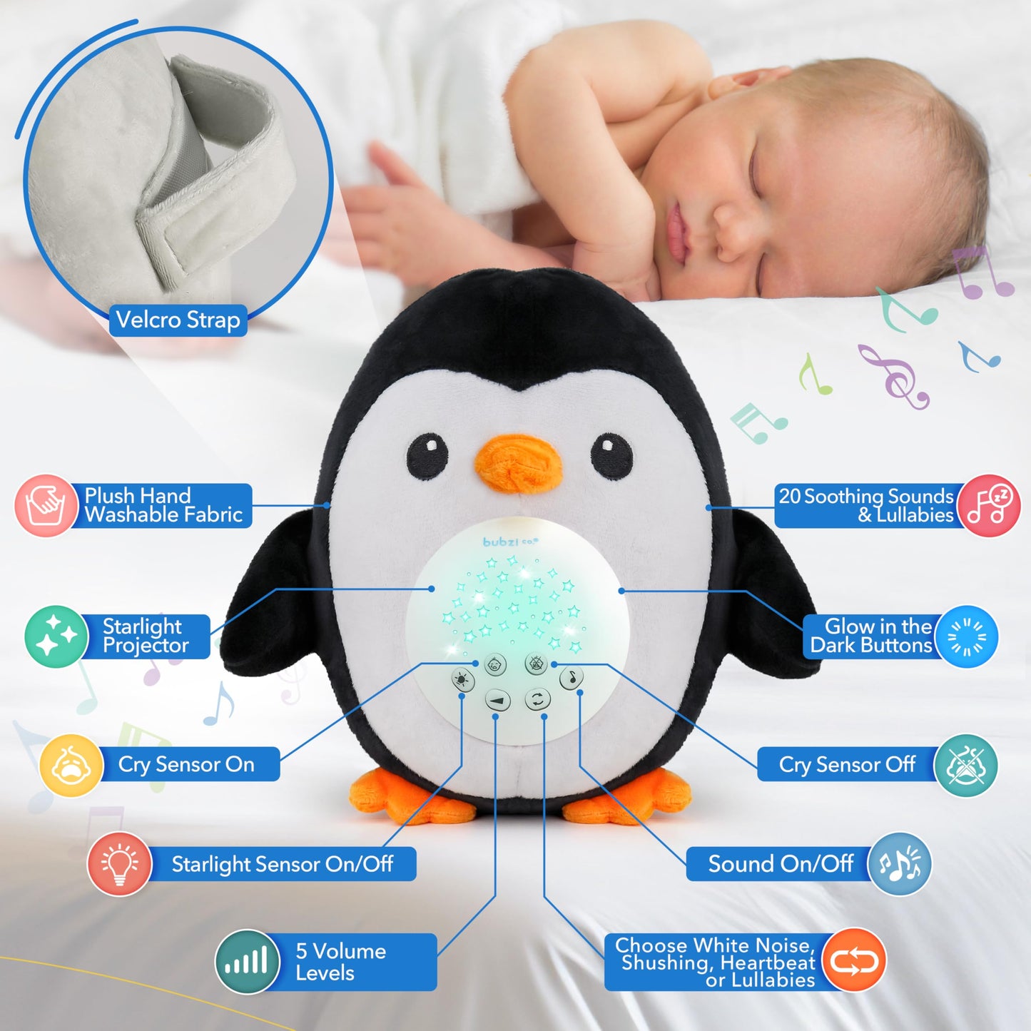 Bubzi Co Sound Machine, Portable Penguin Soother & Night Light Projector, Comforting Electronic Infant Toddler Sleep Aid With White Noise