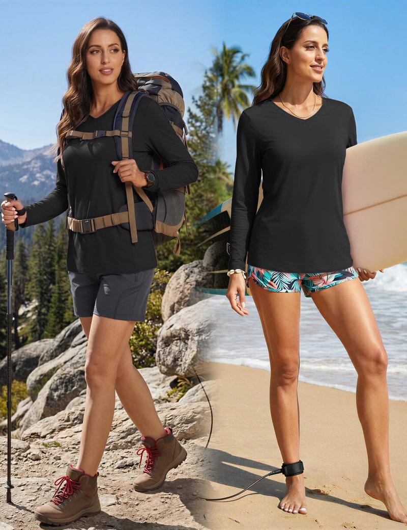 TACVASEN Long Sleeve Workout Tops for Women V Neck Lightweight Quick Dry Sun Protection Hiking Athletic Shirts Black M