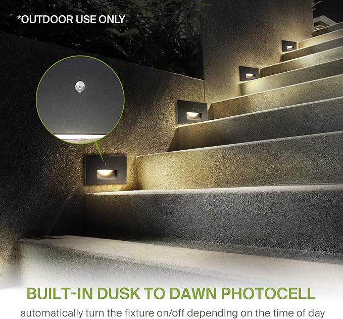 ASD LED Recessed Step Light Fixture, Dusk To Dawn Outdoor Stair Tread Lighting | 3CCT, Photocell, Waterproof, ETL Listed | 3W 120LM 3000K-5000K 120V | Staircase Hardwired Illumination | White, 12 Pack