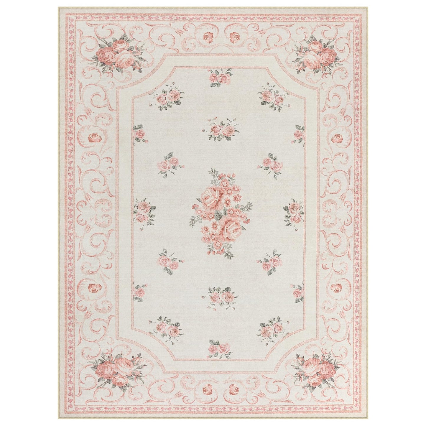 Tribesigns Boho Floral Pink 8 x 10 Area Rug for Girls Bedroom, Soft Washable Nursery Living Room Rugs, Border Large Non-Slip Low Pile French Carpet for Dorm Kids Dining Playroom, Beige/8x10