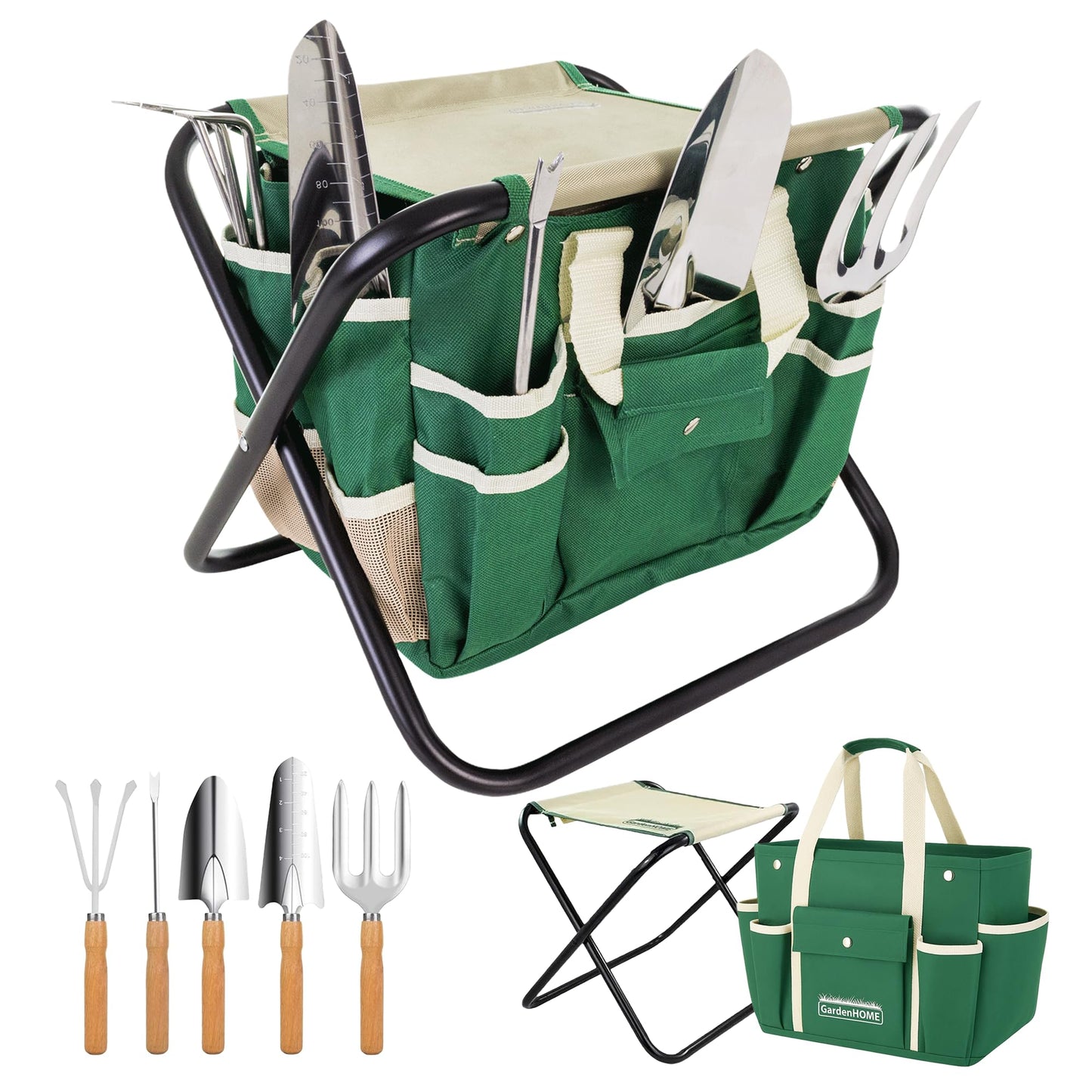 GardenHOME 7-Piece Gardening Tool Set – Stainless Steel Hand Tools with Wooden Handles, Folding Stool, and Canvas Tote Bag, Yard Maintenance Kit for Gardeners, Women, and Beginners