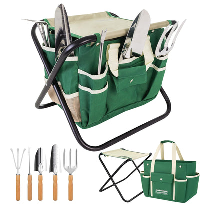GardenHOME 7-Piece Gardening Tool Set – Stainless Steel Hand Tools with Wooden Handles, Folding Stool, and Canvas Tote Bag, Yard Maintenance Kit for Gardeners, Women, and Beginners
