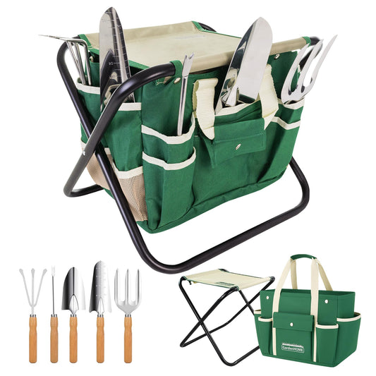 GardenHOME 7-Piece Gardening Tool Set – Stainless Steel Hand Tools with Wooden Handles, Folding Stool, and Canvas Tote Bag, Yard Maintenance Kit for Gardeners, Women, and Beginners