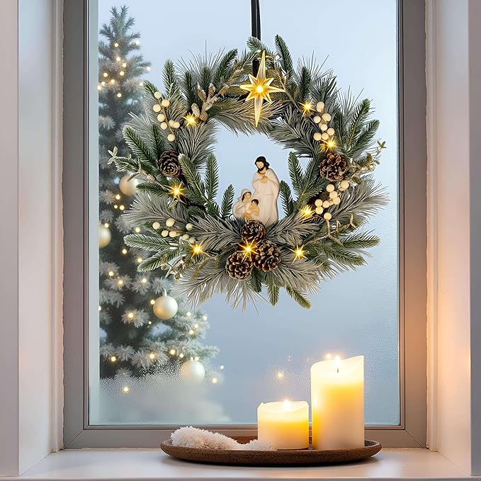 YULETIME 20" Pre-Lit Nativity Wreath, Battery Operated with 10 Fairy Lights, Holy Family Nativity Statue, Star of Bethlehem, Pine Cones, White Mistletoe, Frosted Spruce Branches (Nativity Frosted)