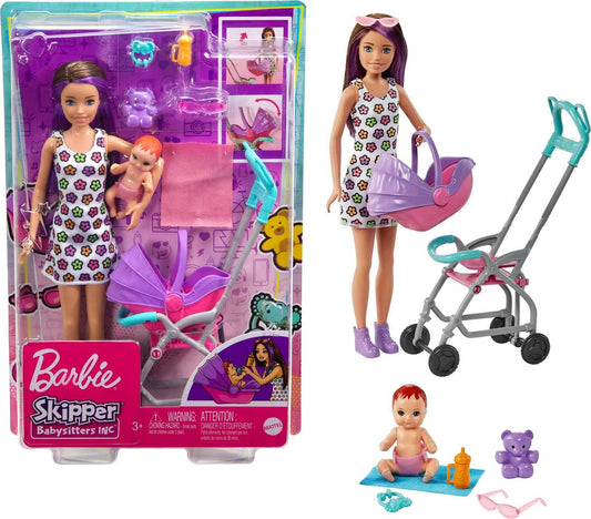 Barbie Skipper Babysitters Inc Playset with Doll, Stroller, Baby Doll & 5 Accessories, Remove Stroller Seat for Carrier