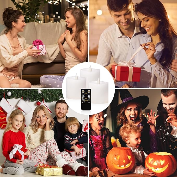 Flameless Candles with Flickering Flame & Remote - 3×3'' Battery Operated LED Pillar Candles, Smokeless Fake Candles for Indoor Use - Realistic 3 Inch Drip-Free Candles with Timer (White, 3-Pack)