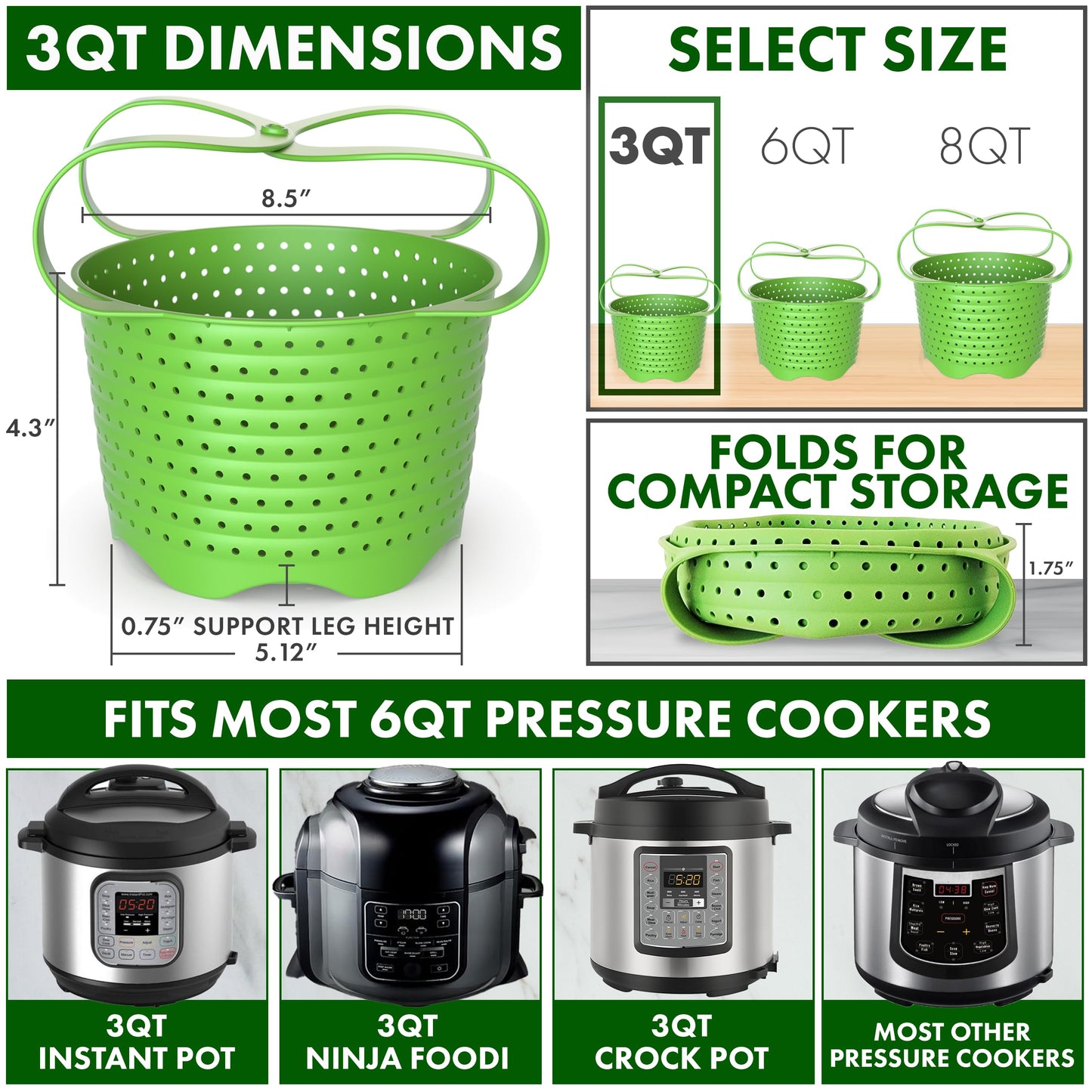 Avokado Silicone Steamer Basket for 3qt Instant Pot [6qt, 8qt avail], Ninja Foodi, Other Pressure Cookers - 100% Food Safe, BPA-Free, Dishwasher Safe Collapsible Vegetable Steamer Basket & Strainer