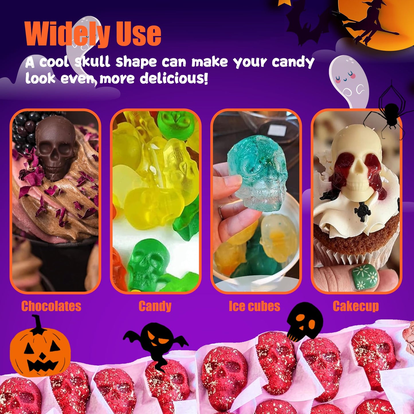 RUGVOMWM 3 Pack Halloween Gummy Skull Candy Molds Silicone,Halloween Mini Skull Mold with 2 Droppers for Chocolate, Candy,Ice Cube - Orange，Red，Black