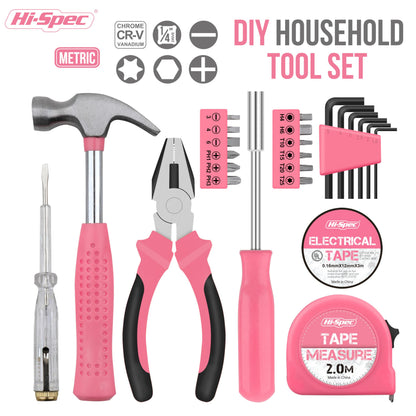 Hi-Spec 24pc Pink Tool Kit for Women – Mini DIY Household Set with Starter Basic Hand Tools for Home & Office, Compact Toolbox for Ladies DIY Projects and Everyday Use