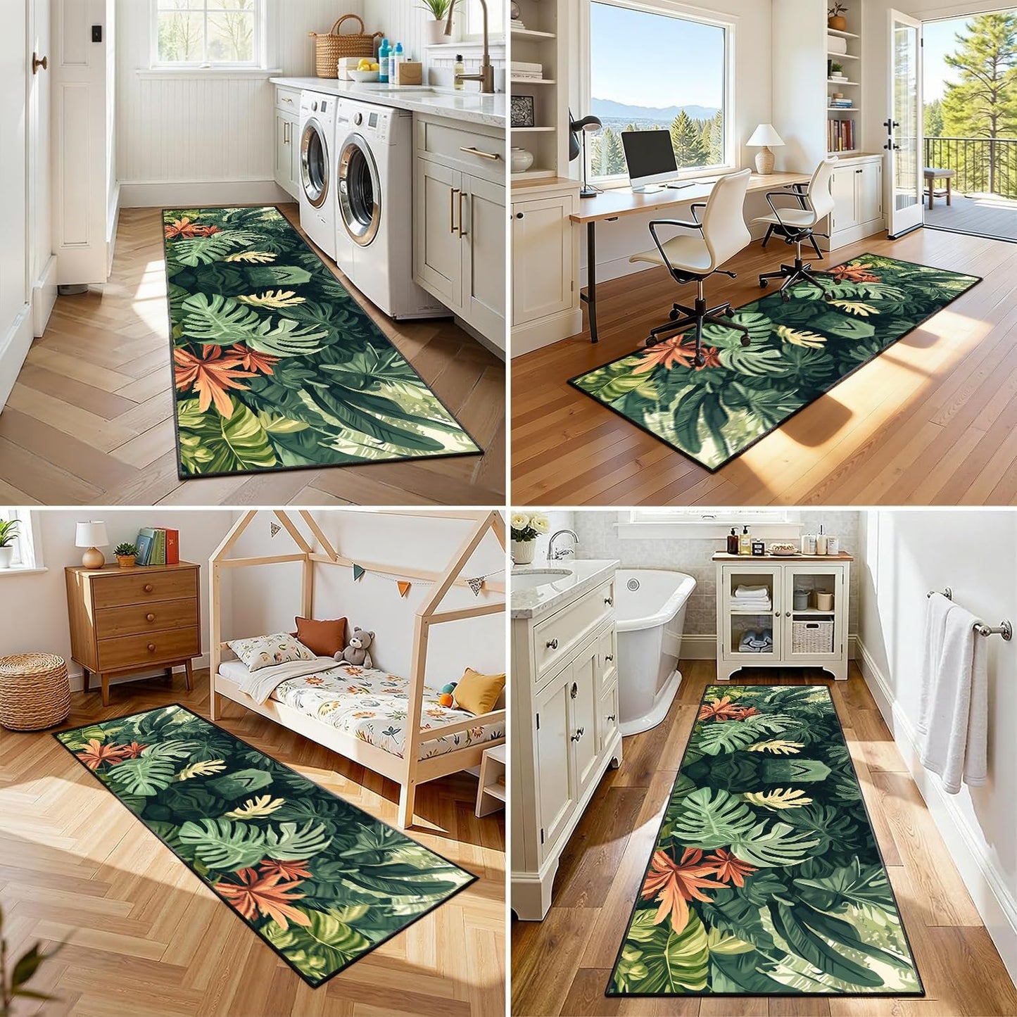 Tropical Leaves Runner Rug, 2x6ft, Hawaiian Bohemian Palm Leaf Monstera Plant Runner Hallway Rug, With Rubber Backing Green Leaf Soft Floor Rug for Bedroom Kitchen Dining Room Laundry Room - Green